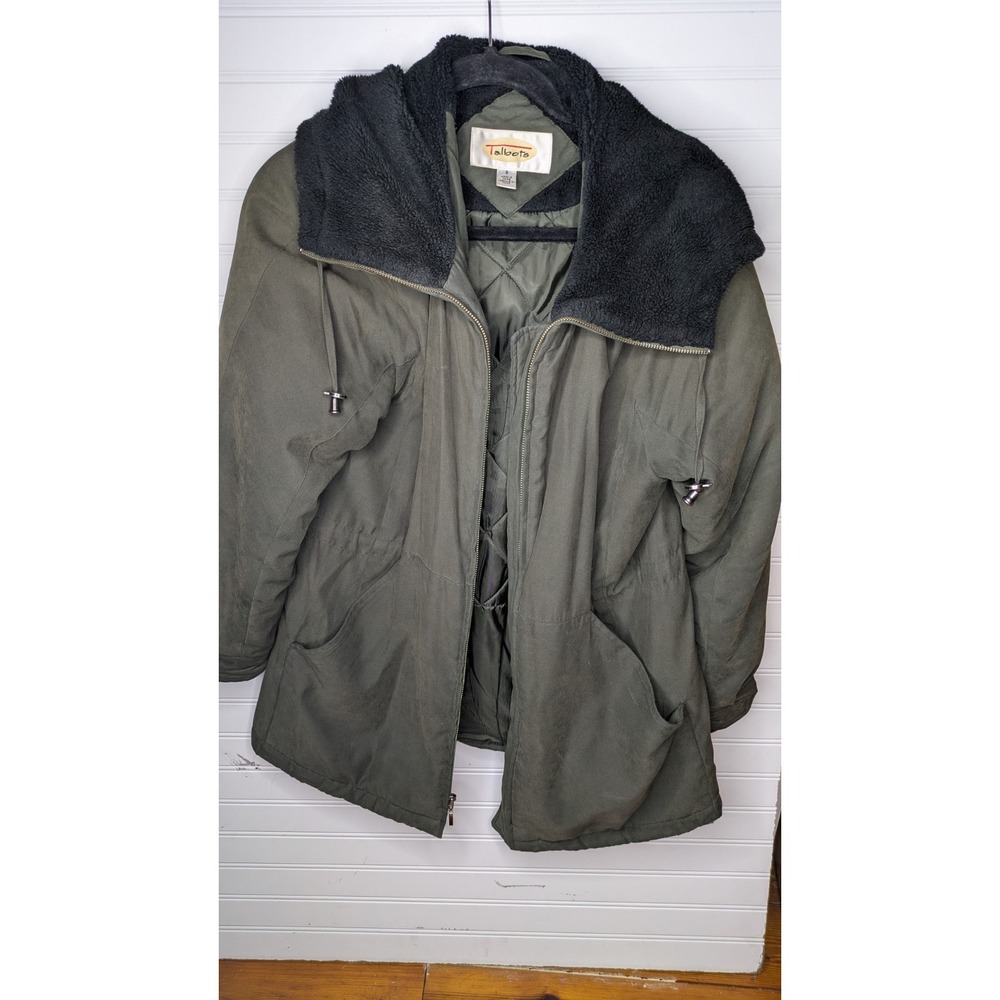 Talbots Small Womens Coat Olive Army Green Zipper Hooded Jacket Vintage Fall